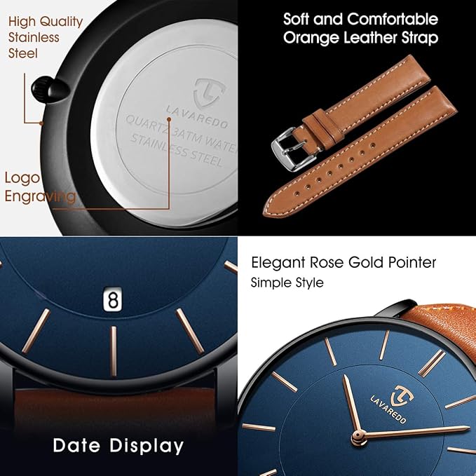 Men's Watch Flat Analogue Quartz Date Display Classic Fashion Waterproof Wristwatch With Leather Strap