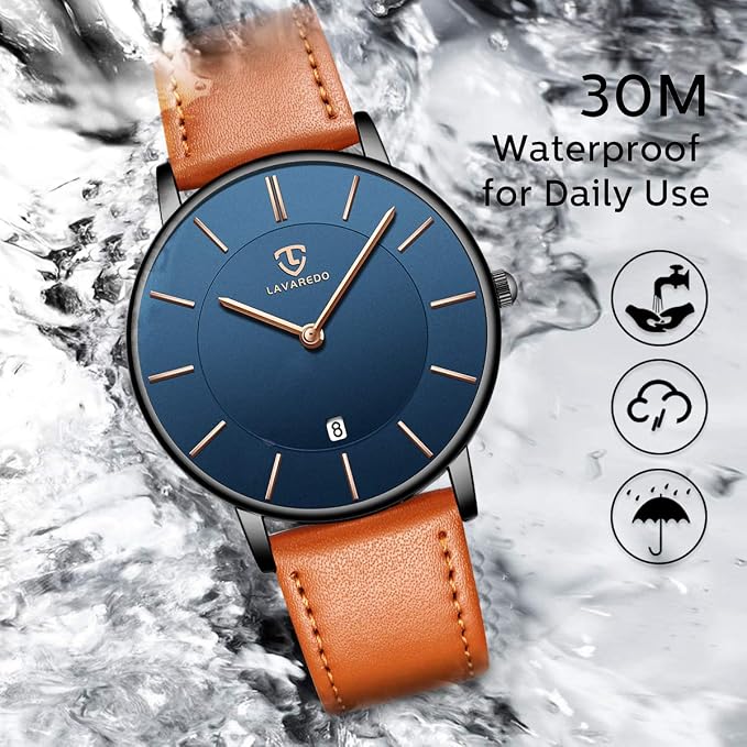Men's Watch Flat Analogue Quartz Date Display Classic Fashion Waterproof Wristwatch With Leather Strap