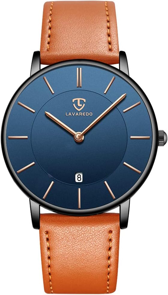 Men's Watch Flat Analogue Quartz Date Display Classic Fashion Waterproof Wristwatch With Leather Strap