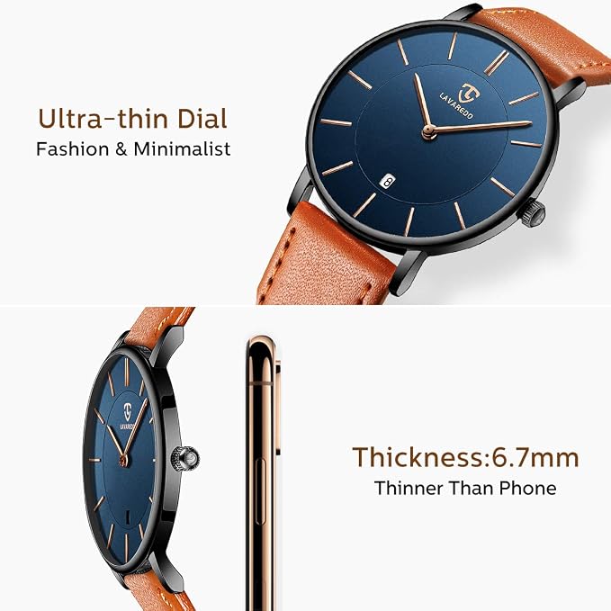 Men's Watch Flat Analogue Quartz Date Display Classic Fashion Waterproof Wristwatch With Leather Strap